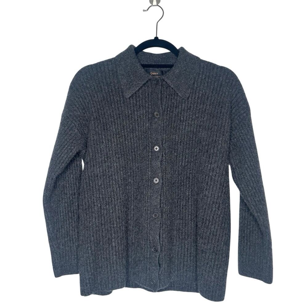 Quince Mongolian Cashmere Wide-Rib Collared Cardigan Heather Charcoal Size Small
